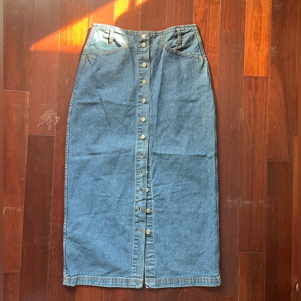 Route 66 long denim button down skirt